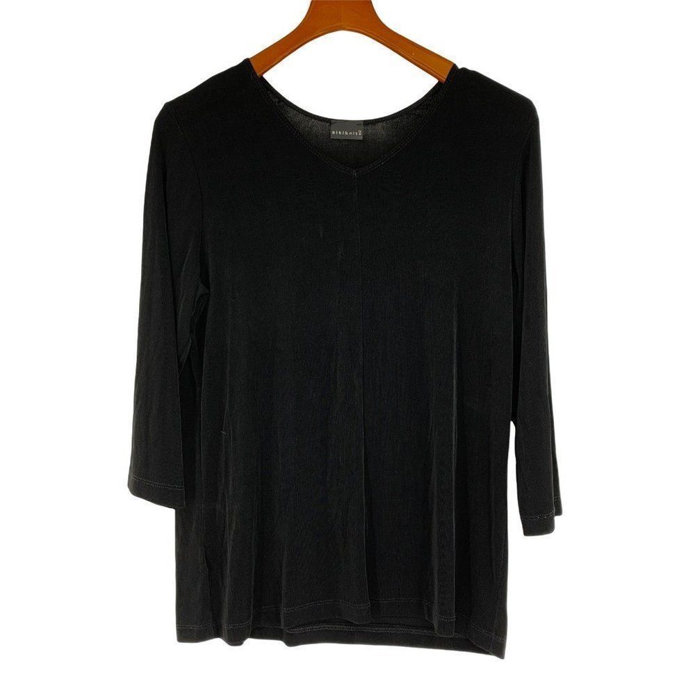 Womens City Knits M Soft V-neck Pullover Jersey knit Top Black 0567 EUC